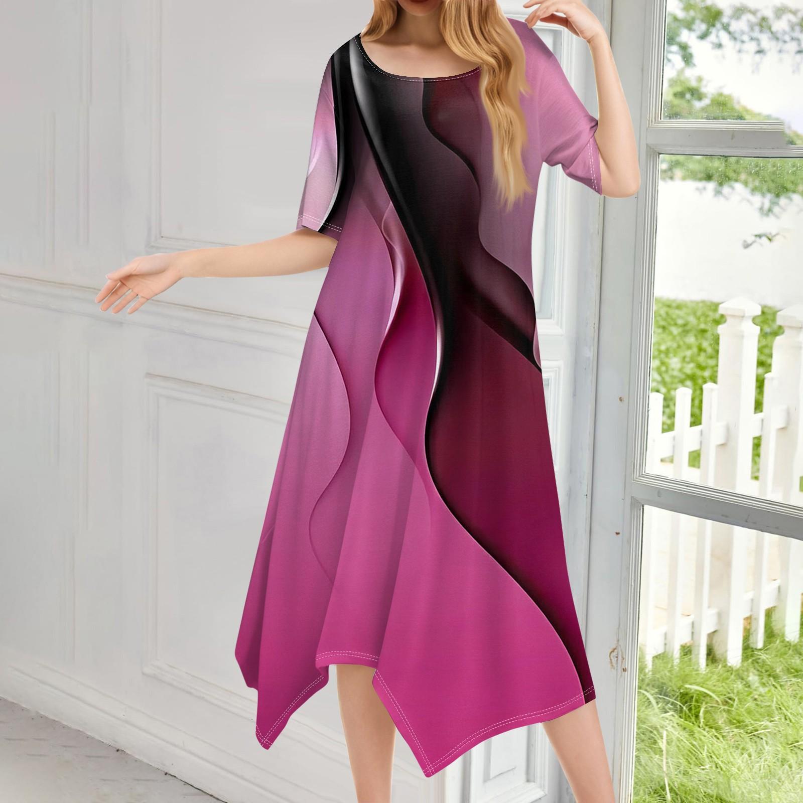 

Женское повседневное модное платье миди с круглым вырезом и коротким рукавом с принтом и неровным подолом XXL