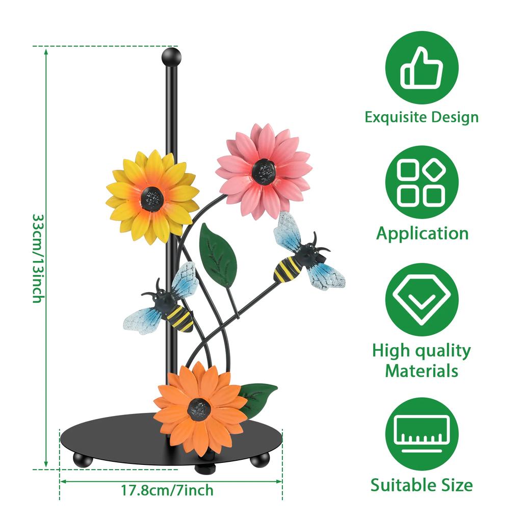 Sunflower Paper Towel Holder Iron Art Sunflower Kitchen Roll Stand Lifelike Butterfly/Bee Paper Towel Stand Decorative Standing