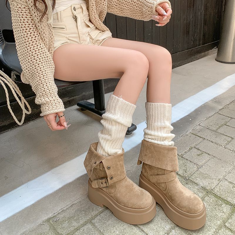 Women's Belt Buckle Not Tired Feet Thick Sole Heightening Soft Elastic Comfort Shock Absorption Non-slip Casual Sports Martin Boots