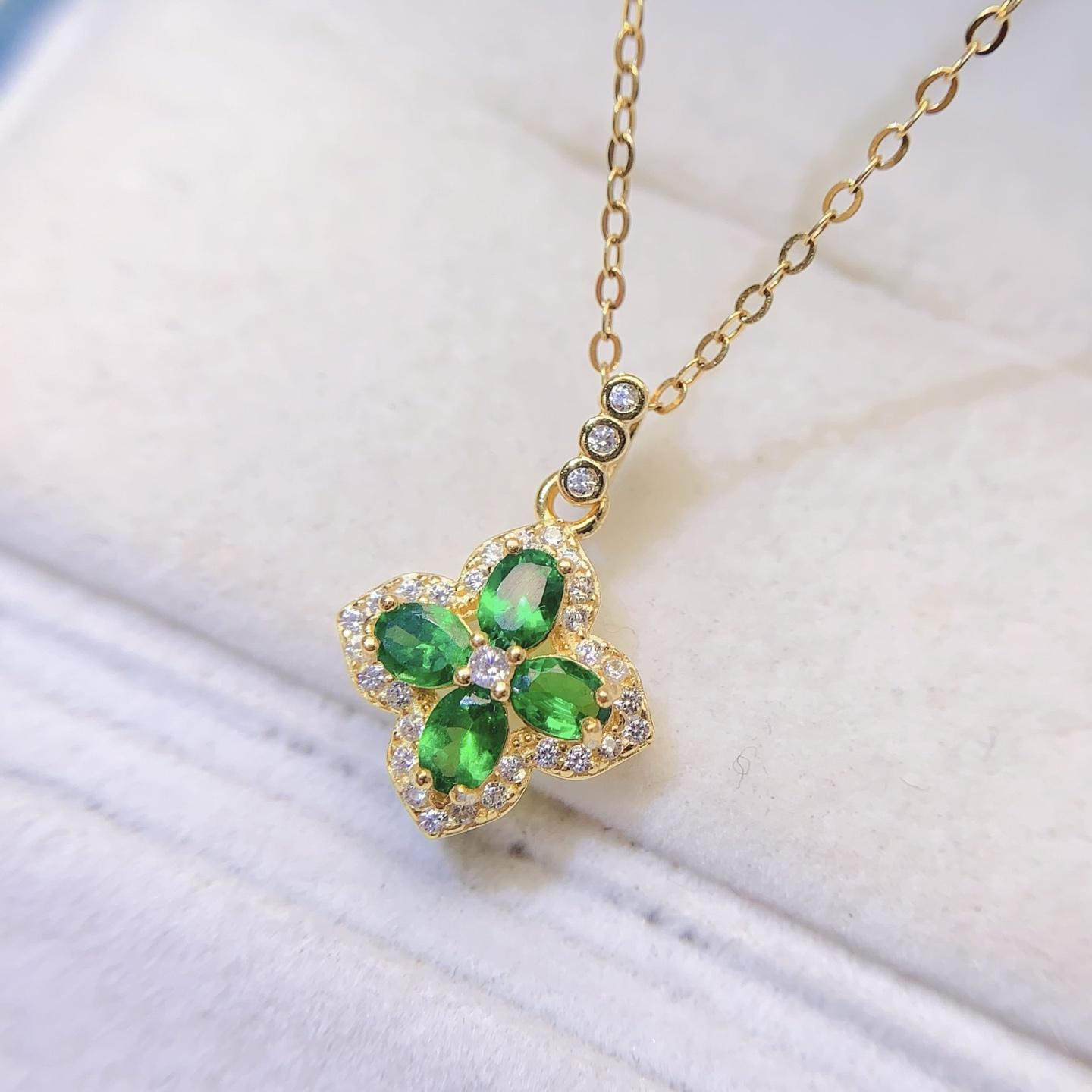 Trendy 925 Sterling Silver Natural Tsavorite Gold Plated Link Pendant Necklace Luxury Gemstone Jewelry for Engagement Daily Wear золотой