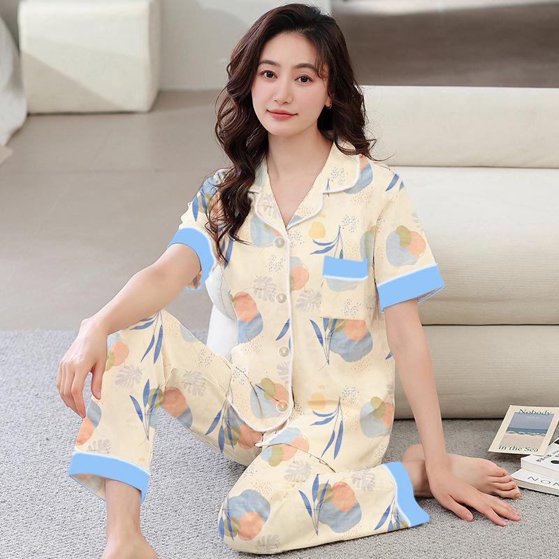 Sweet high-end pajamas women's summer imitation cotton short-sleeved trousers new medium mother large-size loungewear