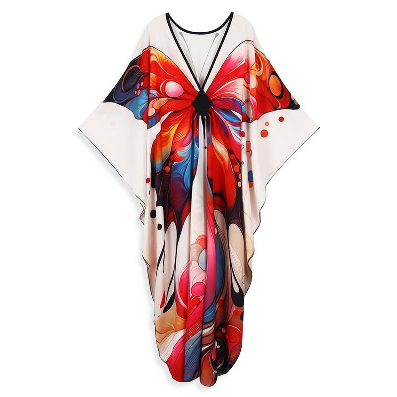 EDOLYNSA 2024 Women's Plus Size Kaftan Beach Maxi Dress Red Butterfly Printed Turkish Robe Summer Holiday Beachwear Bathing Suit Cover Up Q1588