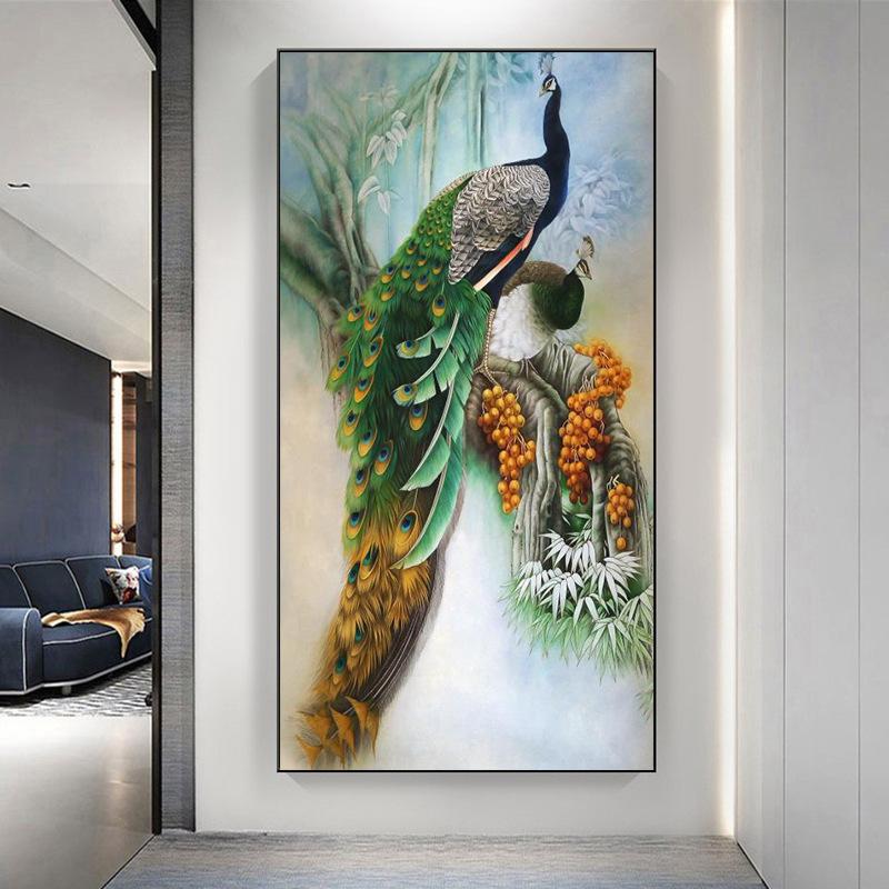 New Chinese Style Light Luxury Peacock Phoenix Canvas Painting Wall Art Abstract Golden Animal Posters for Porch Room Wall Decor