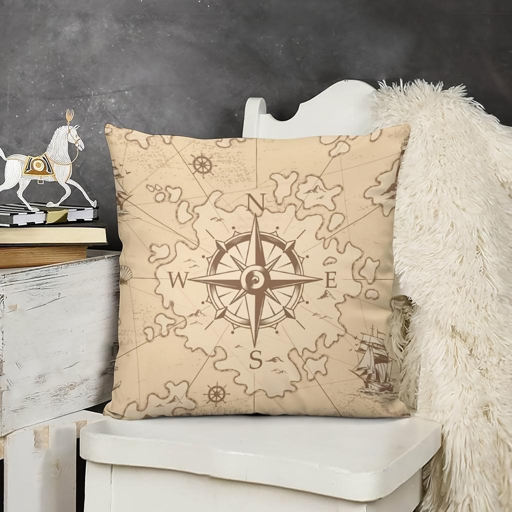 Vintage Nautical Map Linen Pillow Cover - Compass Design, Perfect Home Decor, Soft Cozy, Unique Gift Idea, Retro Style