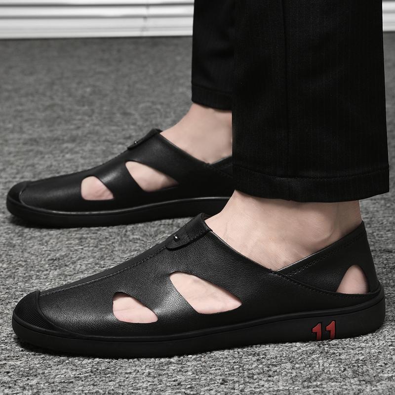 Brand Men's Fashion Cowhide Breathable Casual Headed Sandals Summer Outdoor Lightweight Hollow Soft Sole Casual Leather Shoes