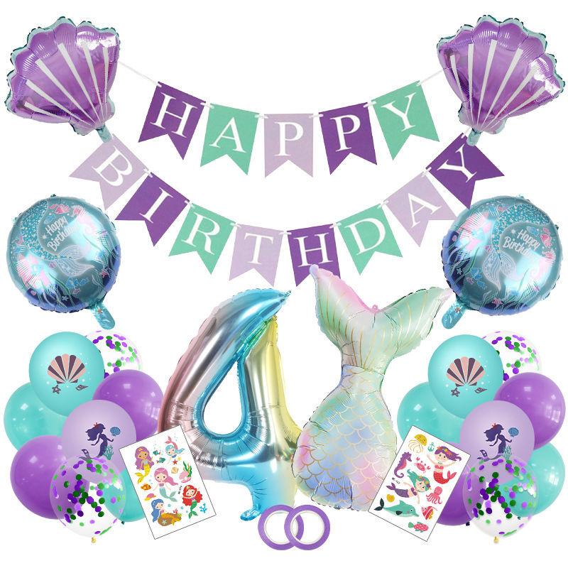 Fashionable Mermaid-themed Children's First Birthday Party Decoration Mermaid-printed Latex Banner Sticker Set