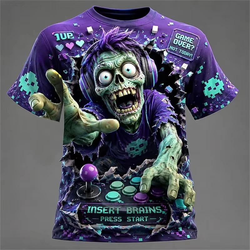 Horror Zombie Print T Shirt For Men Hip Hop Trend Harajuku Halloween Party Clothing Casual O-neck Loose Short Sleeve Tees