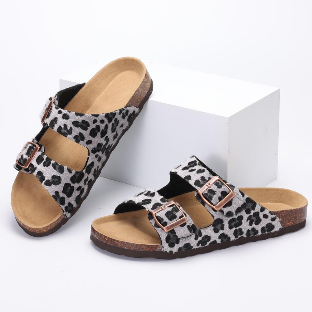 Fashion Litfun Classic Women's Sandals Casual Cork Footbed Flat Bottom Slippers Open Toe Leopard Designed Slides With Adjustable Buckle