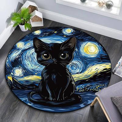 Starry Night Black Cat Round Area Rug,Carpet Rug for Living Room Bedroom Sofa Playroom Decor,Non-slip Floor Mat