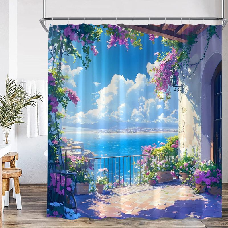 Greek Mediterranean Shower Curtain Purple Flowers Blue Door Window White Architecture Nature Landscape Bathroom Curtains Decor
