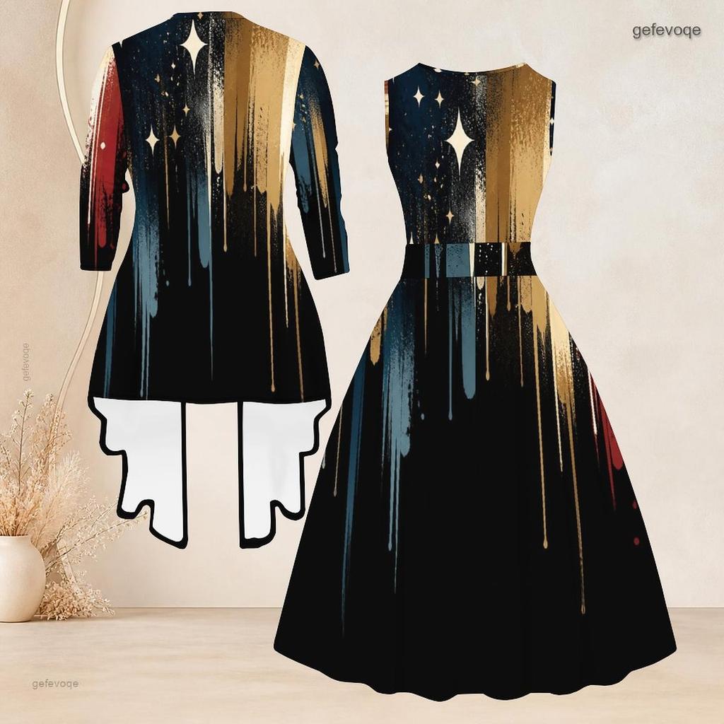 Women Plus Size Star Printed Two Piece Set Sleeveless Round Neck Tie Waist Flared Dress 3 4 Sleeve Open Cardigan