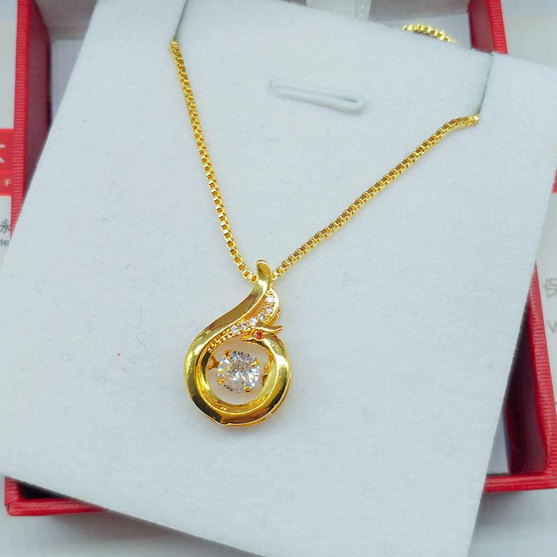 Vietnamese Sand Gold Heart Necklace with Gilded Brass Crown Pendant and Diamond Inlay In Multiple Styles