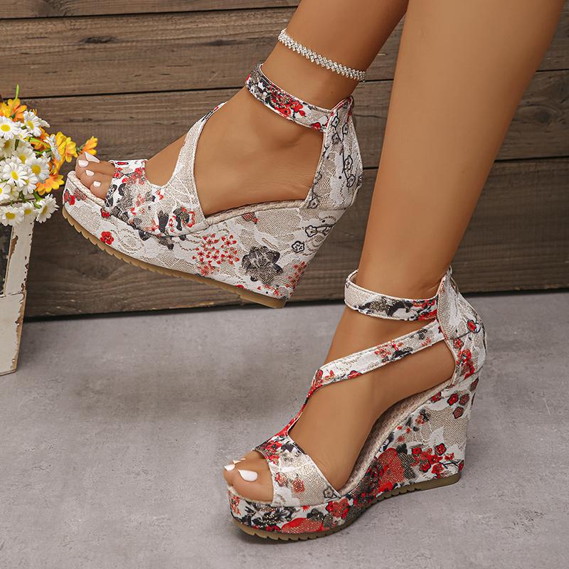 Lucyever Fashion Printed Wedge Heel Sandals Women Peep Toe Chunky Platform Sandles Woman Back Zipper High Heel Sandalias Mujer