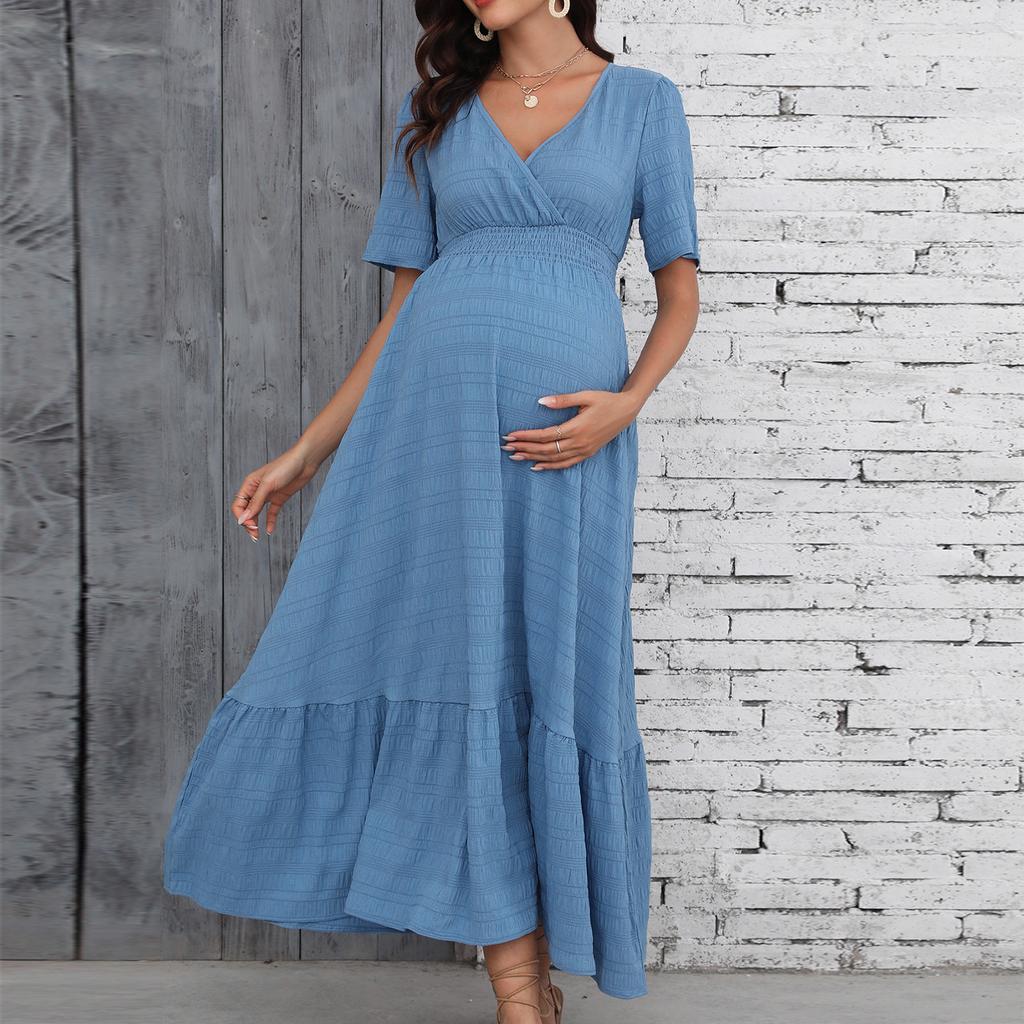 Women V Neck Short Sleeve Maternity Maxi Dress Waist Design A Line Long Dress Comfortable Fit