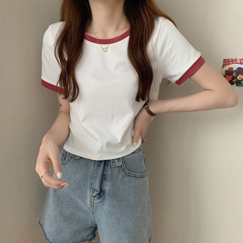 GMXIA Colorful O-neck Short Sleeve T-shirt Women's Summer Bottoming Shirt Slim Short Tops