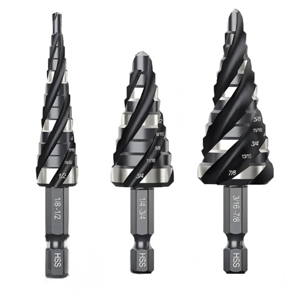 

HSS Spiral Step Drill Bit Set 3Pcs Multiple Sizes Step Drills for Ship and Yacht Maintenance Metal Wood