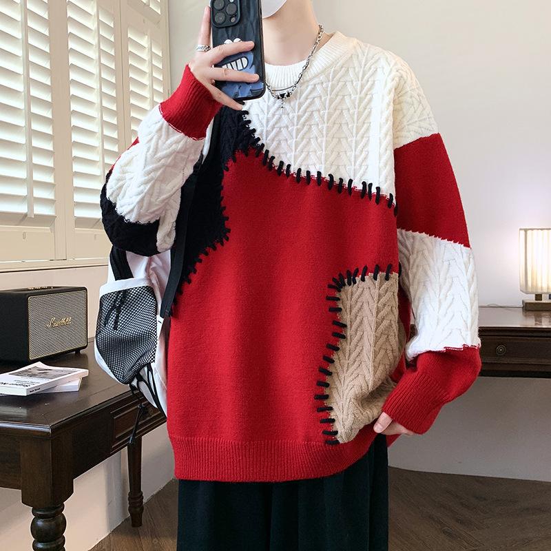 Sweater Men's Knitted Sweater American Contrasting Splicing Casual Round Neck Sweater Men