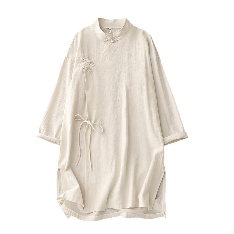Zen Women's Cotton Linen Robe: Chinese Slant Placket, Long Sleeve, Temple Meditation Wear