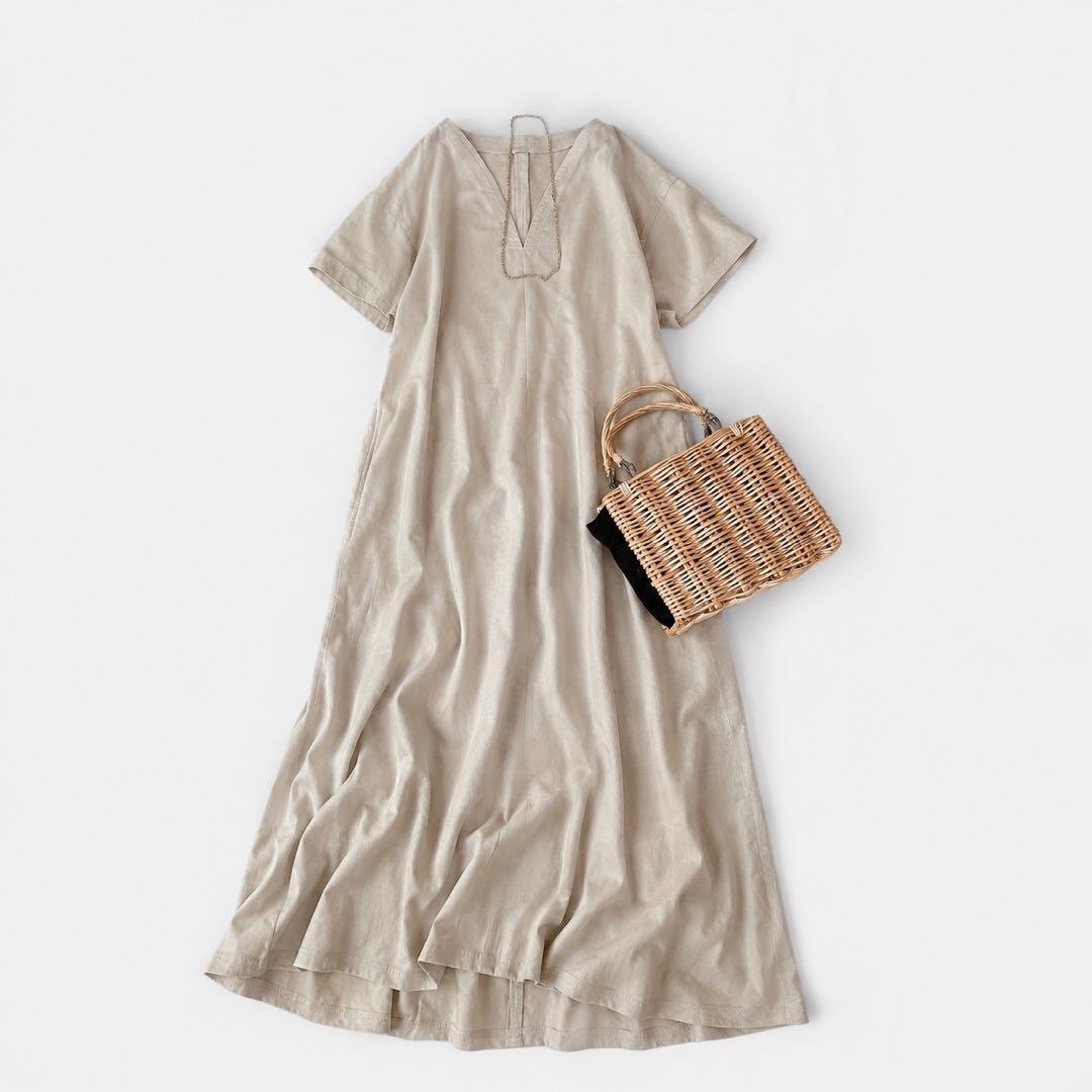 SLOBE IENA Linen Blend A-Line Long Dress Beige Hemp
