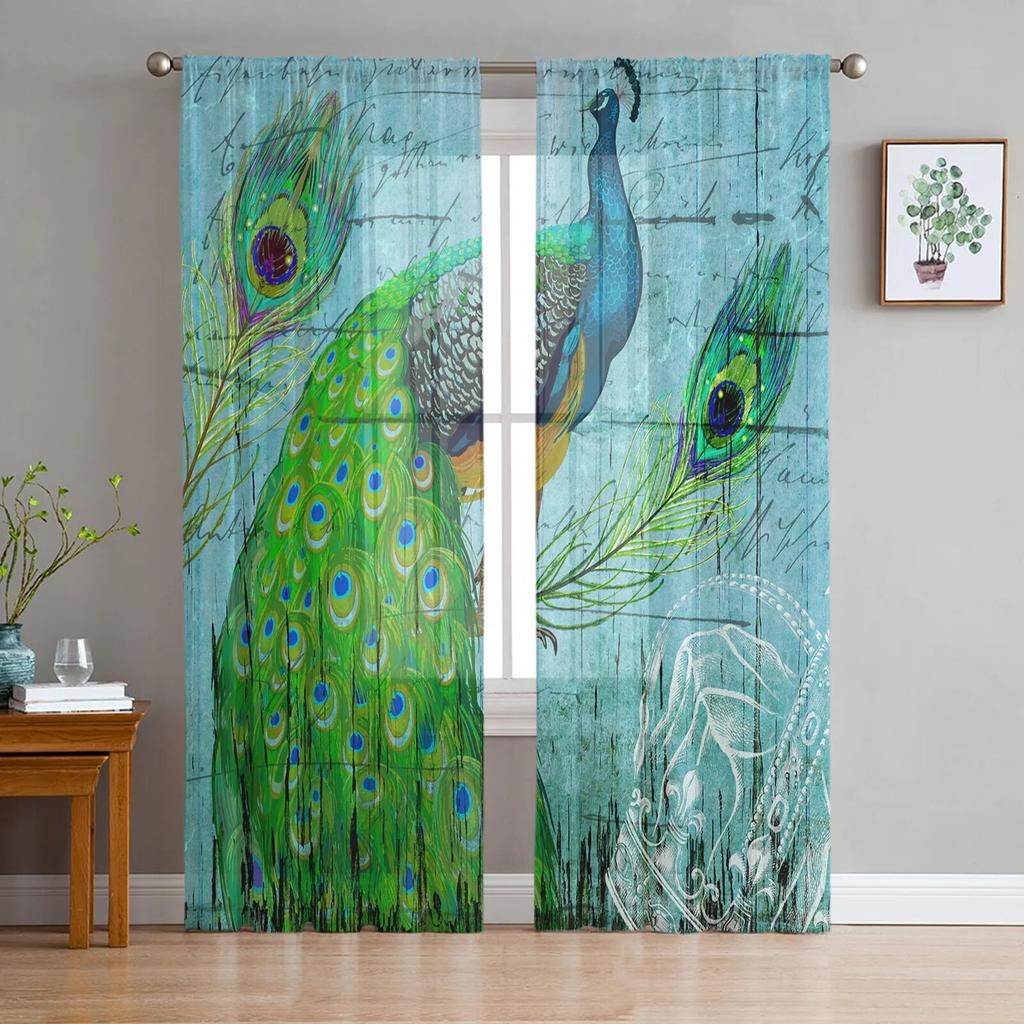 Cortinas Elegantes de Tul Blanco con Plumas de Pavo Real para Decoración de Sala de Estar Dormitorio Gasa Transparente Voile Cortina de Ventana de Cocina