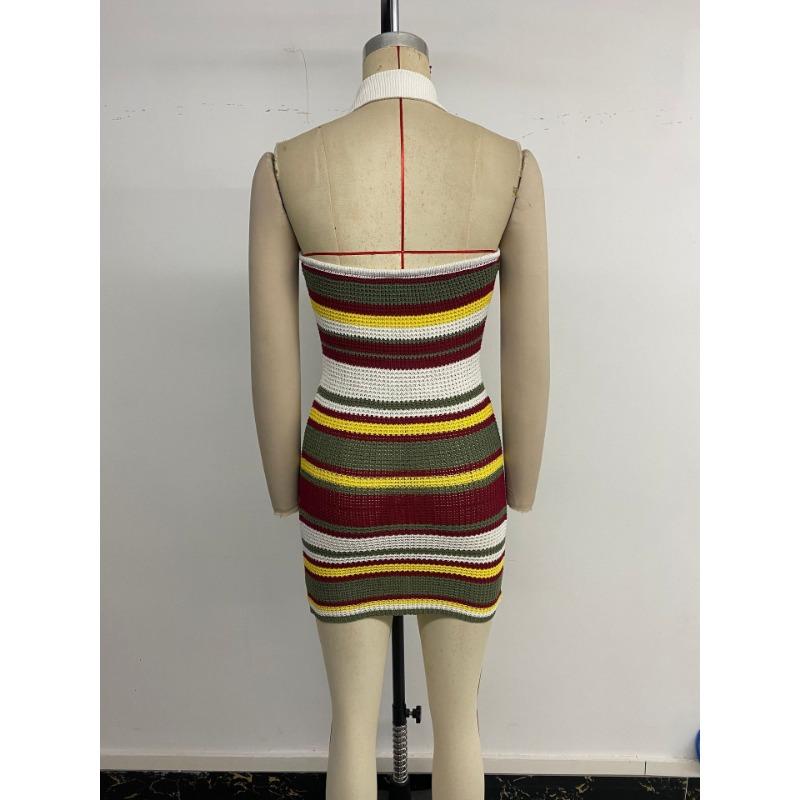 Retro Slim Revers Neckholder Gestreiftes Kleid für Damen im Sommer
