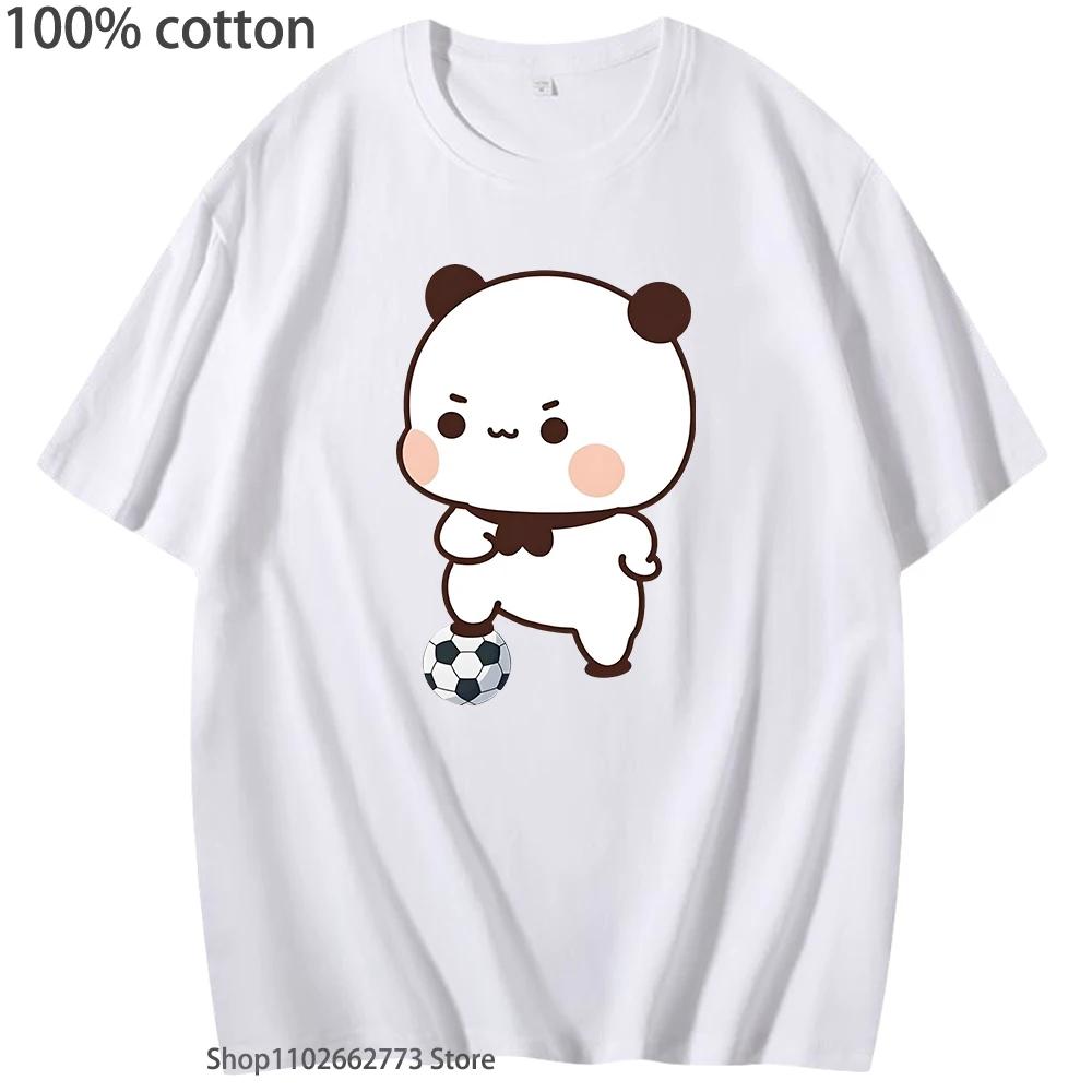 Cute Bubu Is Playing Soccer T-Shirts Kawaii Cute Panda Bear Graphic Shirts Women T Shirt Men 100% Cotton Summer Casual Tops