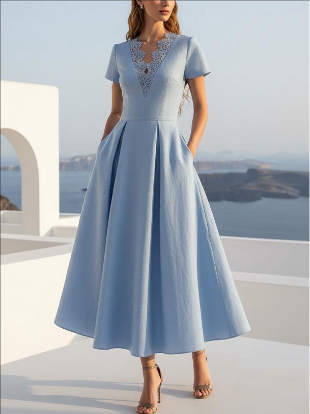 French V-neck Lace Waist-cinching Short-sleeved Women s Vacation Dress L небесно-голубой