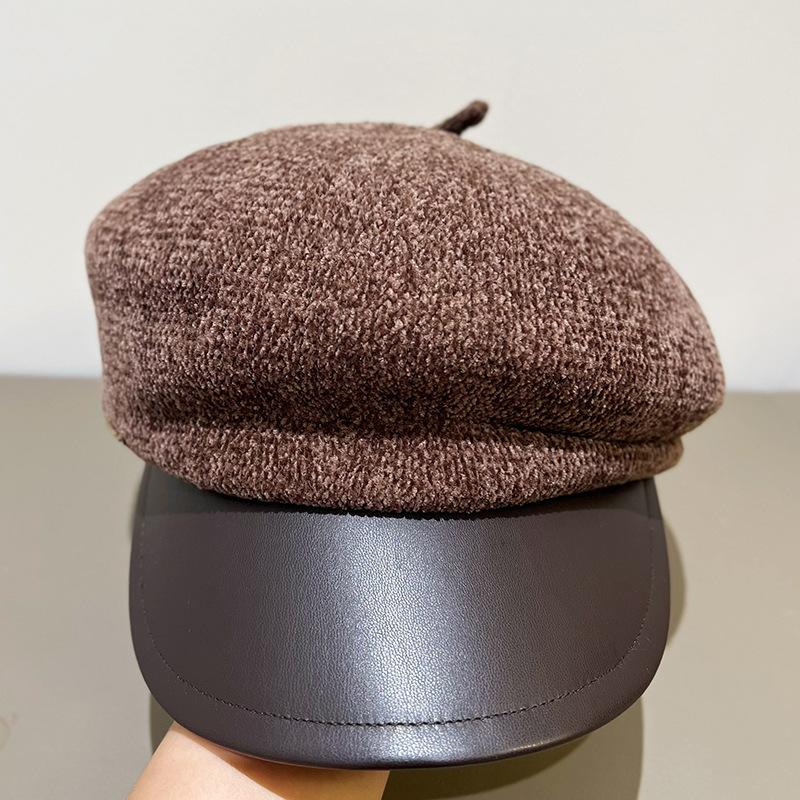 

Snowy Neil beanie newsboy hat women s Korean-style vintage retro multi-purpose leather hat brim кофейный