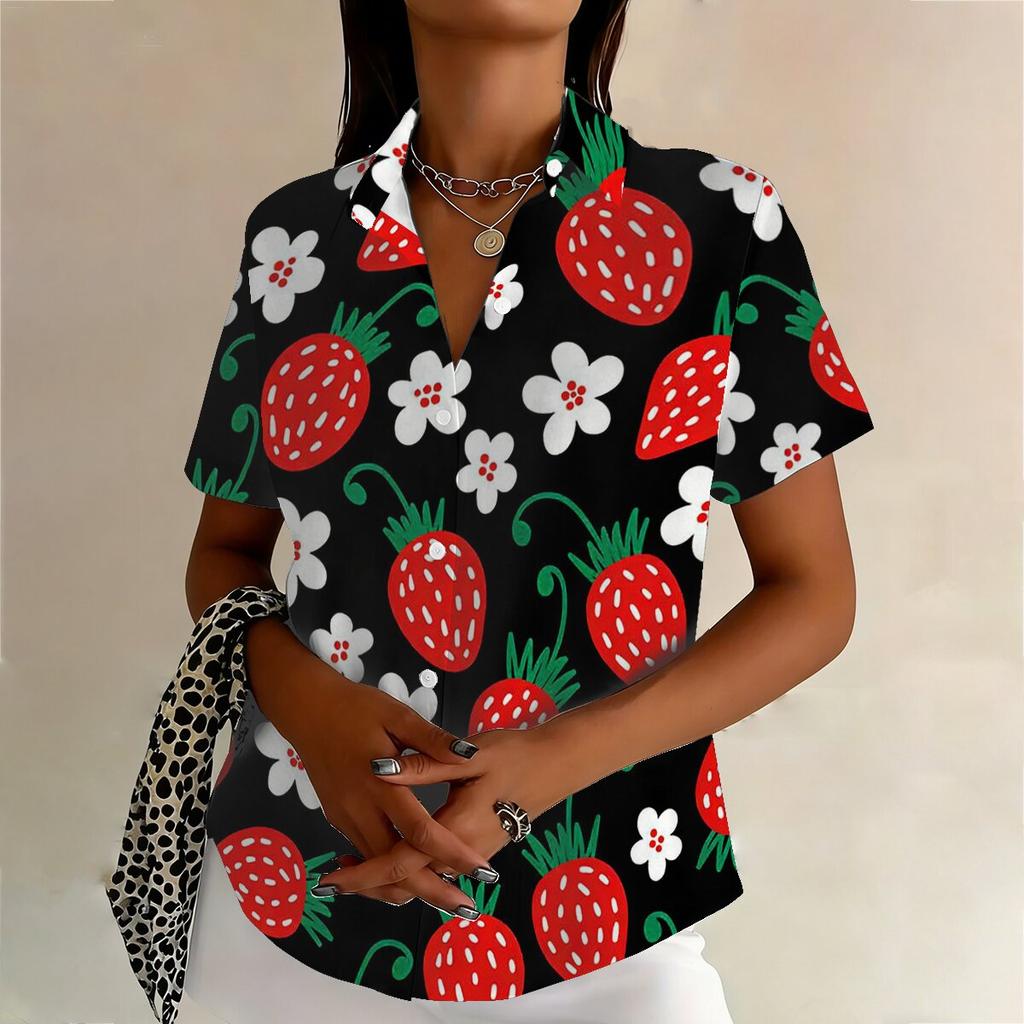 Plus-size women's collared printed short-sleeved shirt with strawberry and flower print, suitable for both work and casual wear