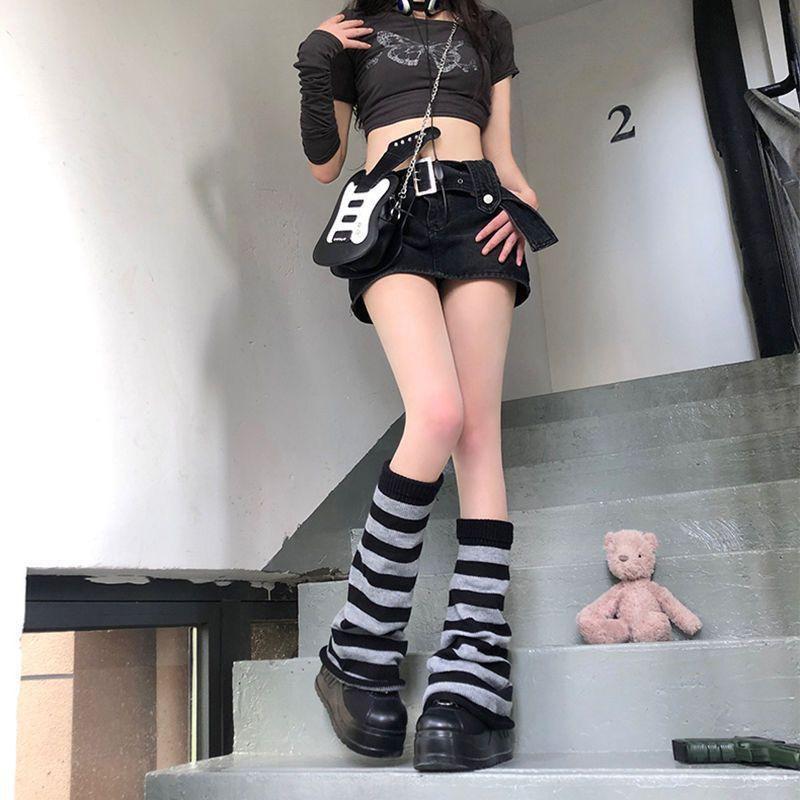 Autumn Winter Retro American Style Black White Stripe Warm Wool Loose Wide Leg Socks Harajuku JK Hot Girl Leg Warmers