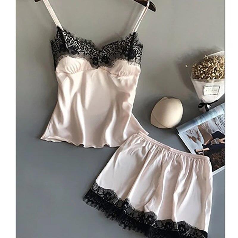 Women New Pajama  Fashion V-Neck Stretch Satin Babydoll Lace Sexy Lingerie Bowknot Pyjamas Sleep Shorts Set Sleepwear
