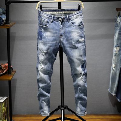 Trendy Spring/Summer Light Shadow Printing Broken Beggar Denim Pants High End Men's God Jeans Men