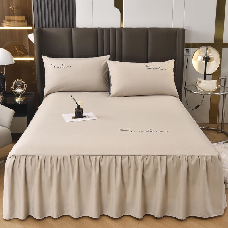 Solid Color Washed Cotton Lace Bed Skirt Mattress Protector