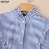 VONDA Womens Casual Stand Neck Ruffled Hem Striped Print Loose Long Sleeve Blouse