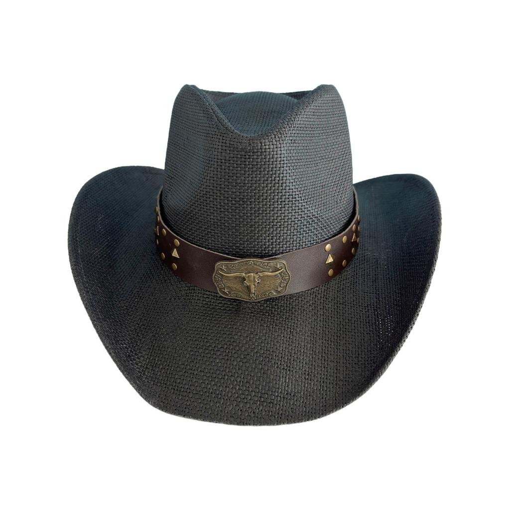 Decorative Cow Head Belt Cowgirl Hats for Women Men Summer Straw Sun Hat UV Protection Beach Holiday Sun Cap Panama Jazz Hat