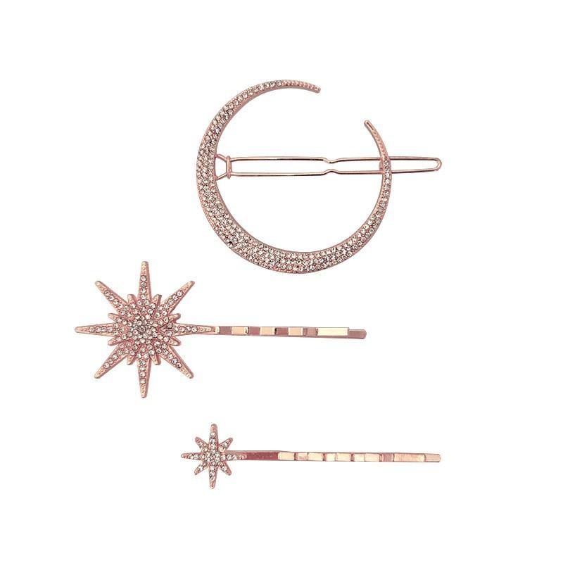 3Pcs Women Crystal Side Hair Clip Pins Metal Hair Barrettes Girl Hair Accessories Stars Moon Rhinestone Clips Set Star Hairpins
