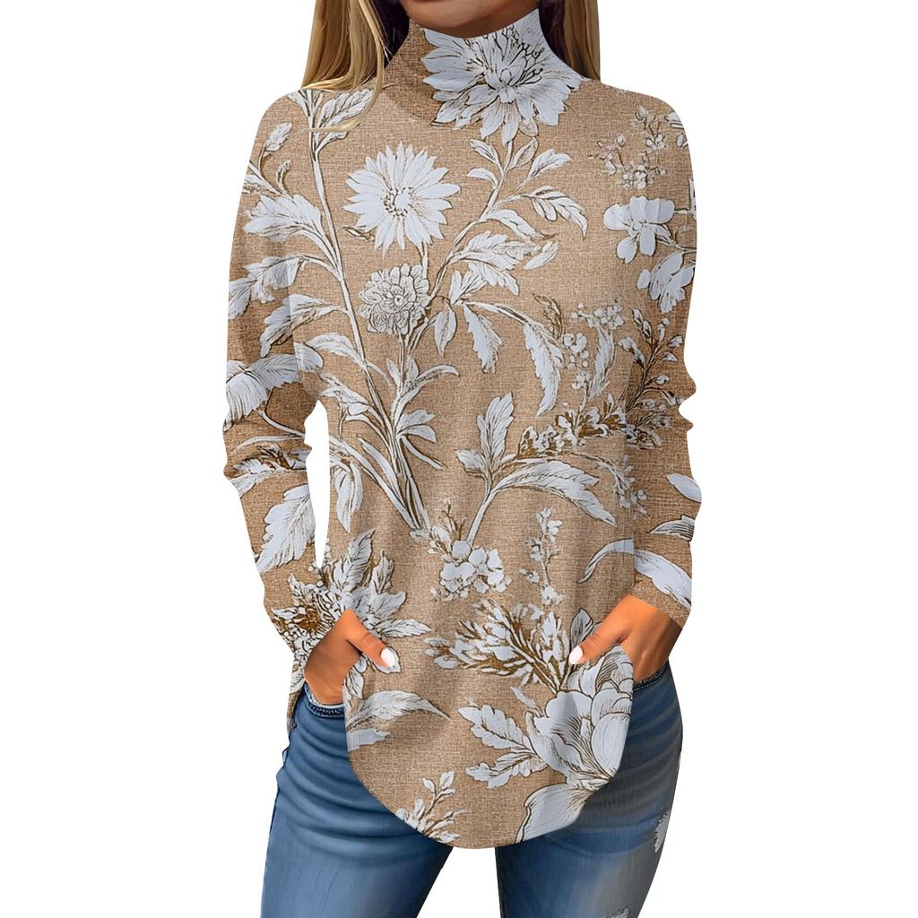 Tee Shirts For Women Fall Casual Long Sleeve Shirts Sweatshirt Vintage Printed High Neck Top Pullover