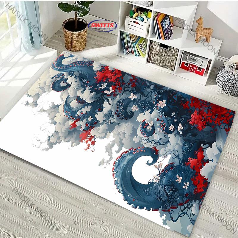 Japanese Octopus Painting Area Rug Non Slip Carpet for Bedroom Living Room Office Unique Floor Mat Home Decor