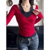 2025 Spring Autumn Vintage Short Top Sexy Color Block Fake Two-piece Long Sleeve T-shirt for Women Casual Slim Lace Splicing Red Crop Tops Female
