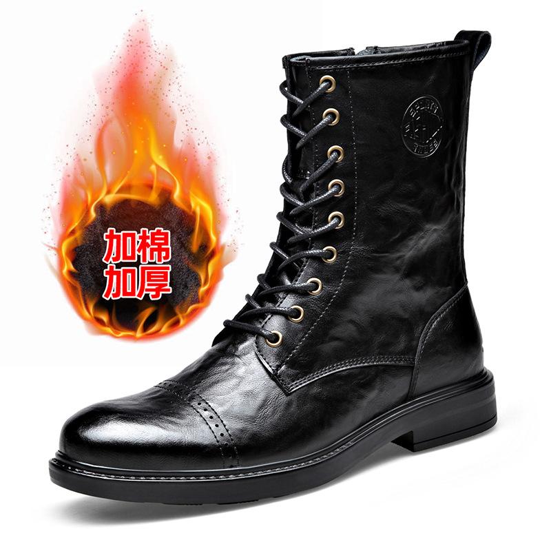 

Осень и зима британские длинные сапоги-мартин модные шнуровка боковая молния кожаные сапоги тисненая кожаная поверхность бархатные теплые мужские сапоги 44