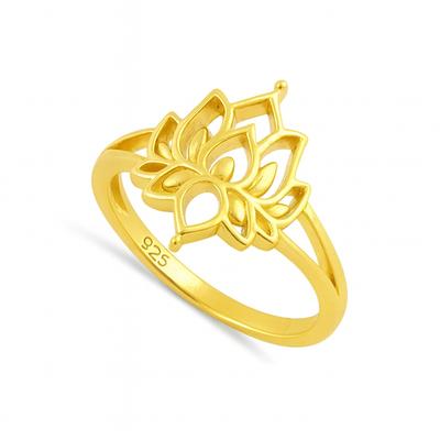925 Sterling Silver Gold Vermeil Lotus Flower Openwork Spiritual Women Ring