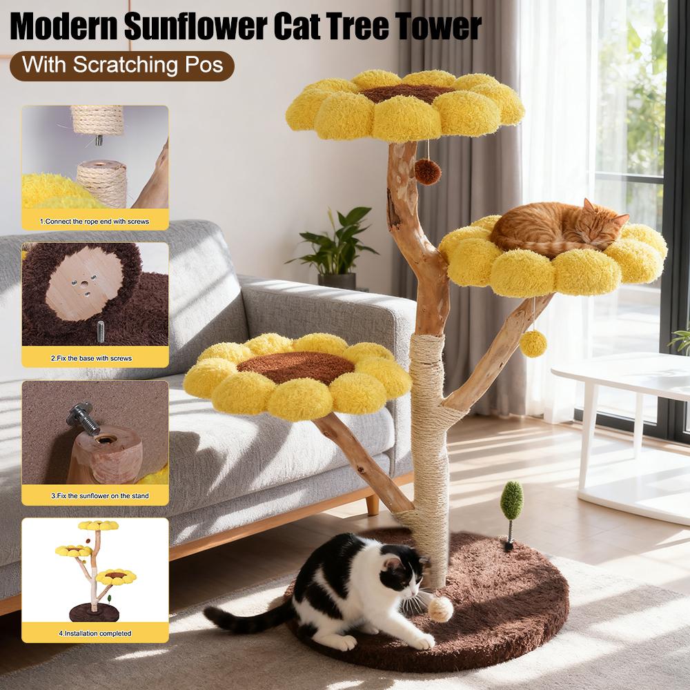 Sunflower Cat Tree With Solid Wood Scratching Post Modern Cats Tower Cute Sunflower Shaped Cat Bed Pet Kitten Small Flower Nest