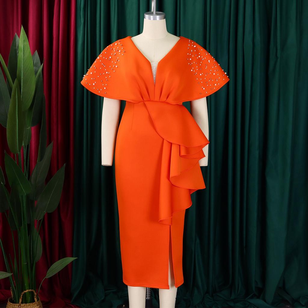Elegant V Neck Dresses Women Summer Short Sleeve Ruffles Split Ankle Length Beaded Luxury Female Party Dress