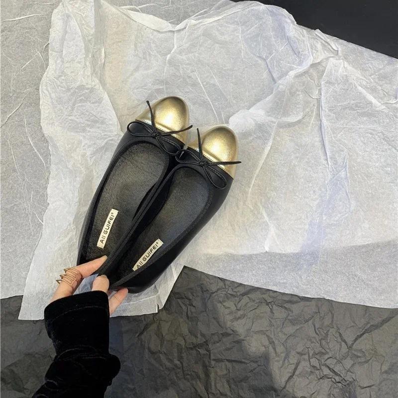 Fashion Women Leather Flat Shoes Fashionable Round Toe Casual Ballerina Bow Ballet Shoes Soft Moccasin Black with Beige  Lolita Shoes