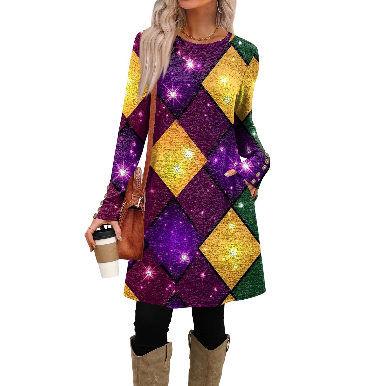 

Women s Fashion Casual Dress With Pockets, Decorative Buttons, Carnival Prints, Round Neck And Long Sleeves XXL