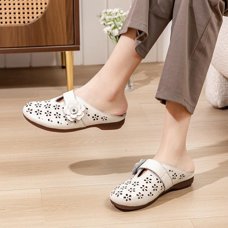 Summer Hollow Bag Head Slippers Women Wear Beef Tendon Flat Bottom Medium and Old Retro Mother Shoes Genuine Leather Cool Slippers