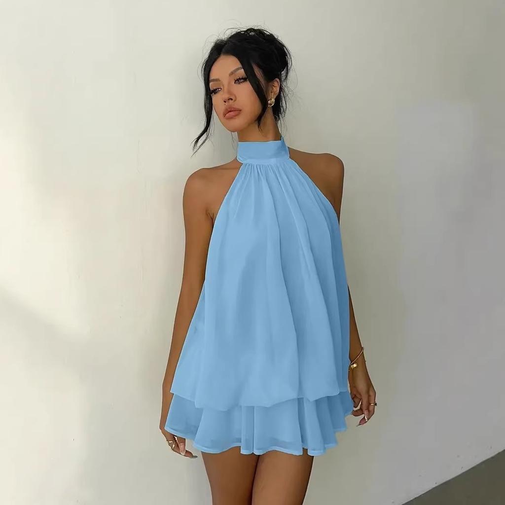 Abito da Donna Corto a Svasatura in Chiffon Casual Senza Maniche ad Collo Alto Mini Abiti da Festa
