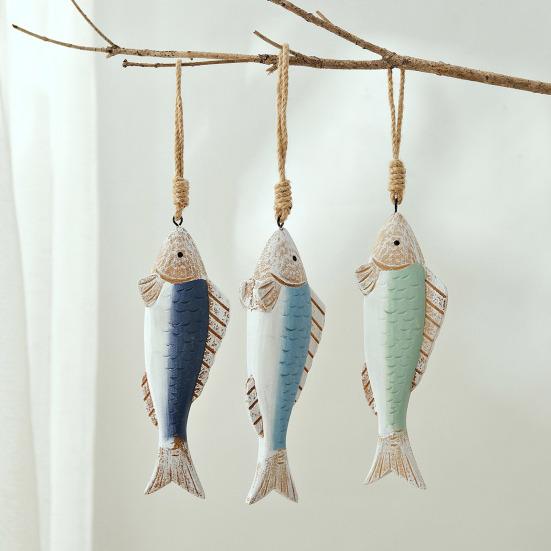 Mediterranean Vintage Wooden Fish Decoration Farmhouse Rustic Nautical Home Restaurant Wall Art Fish String Hanging Ornament Pendant
