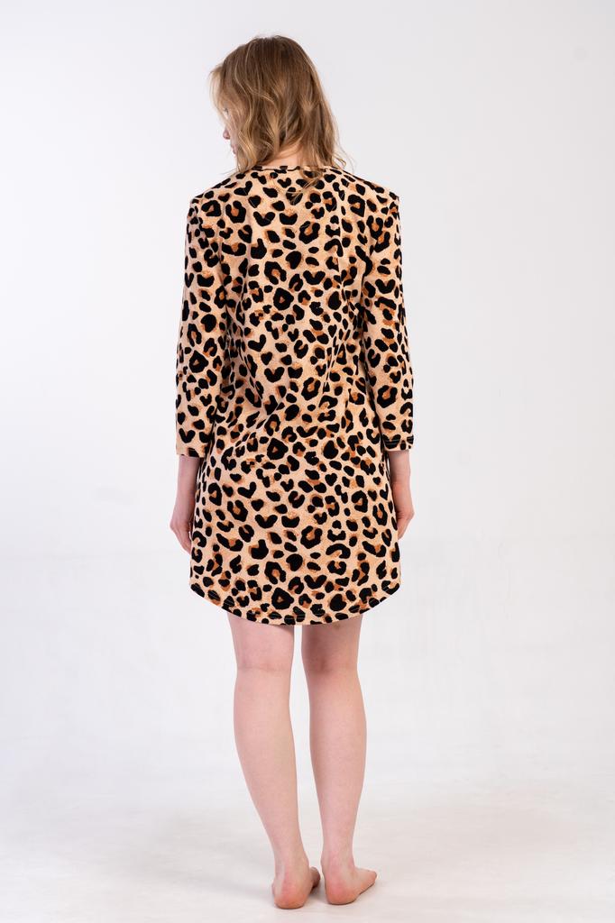 Women's Cotton Nightgown Long Sleeve L Vienetta Leopard Print Pockets