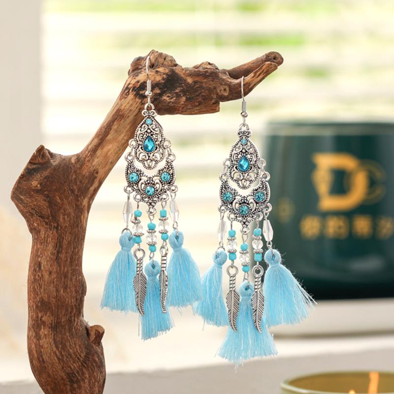 New Ethnic Temperament Tassel Earrings for Women Fashion Long Rhinestone Rice Bead Leaf Dangle Earring Wedding Party Jewelry